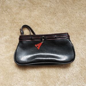 Monogram black faux leather wristlet